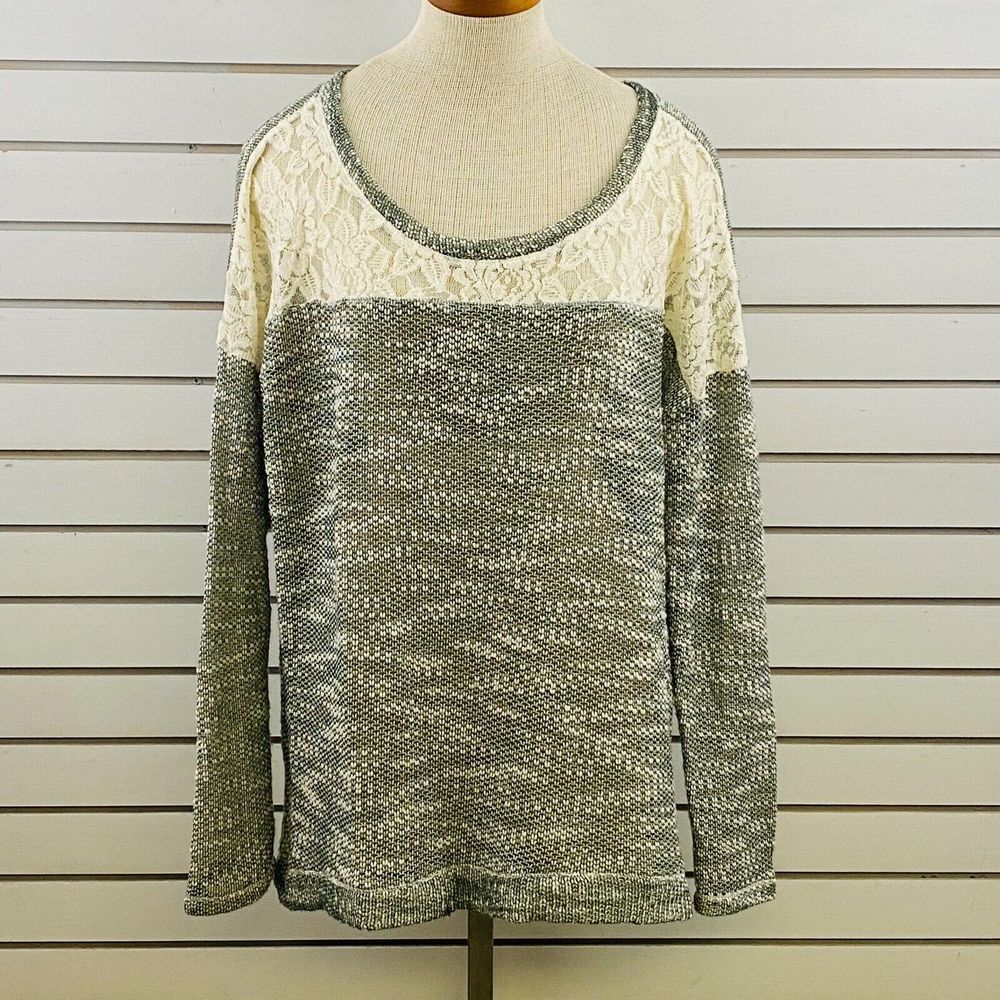 Womens XXL Maurices Sweater Sheer Boucle Knit‎ Lace Trim Green Ivory Pullover
